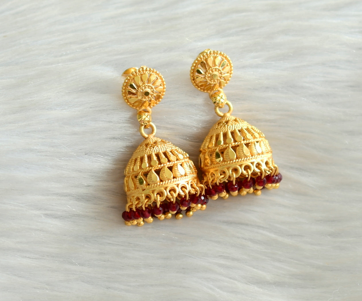 Matte gold tone kerala style maroon cluster jhumkka dj-42937