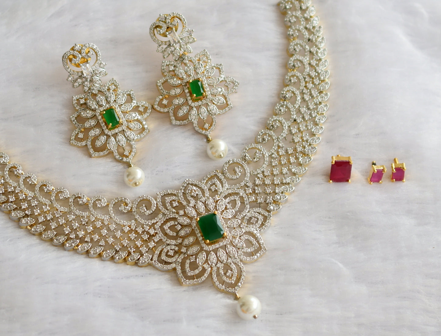 Two tone ruby-green-white color changeable necklace set dj-46217