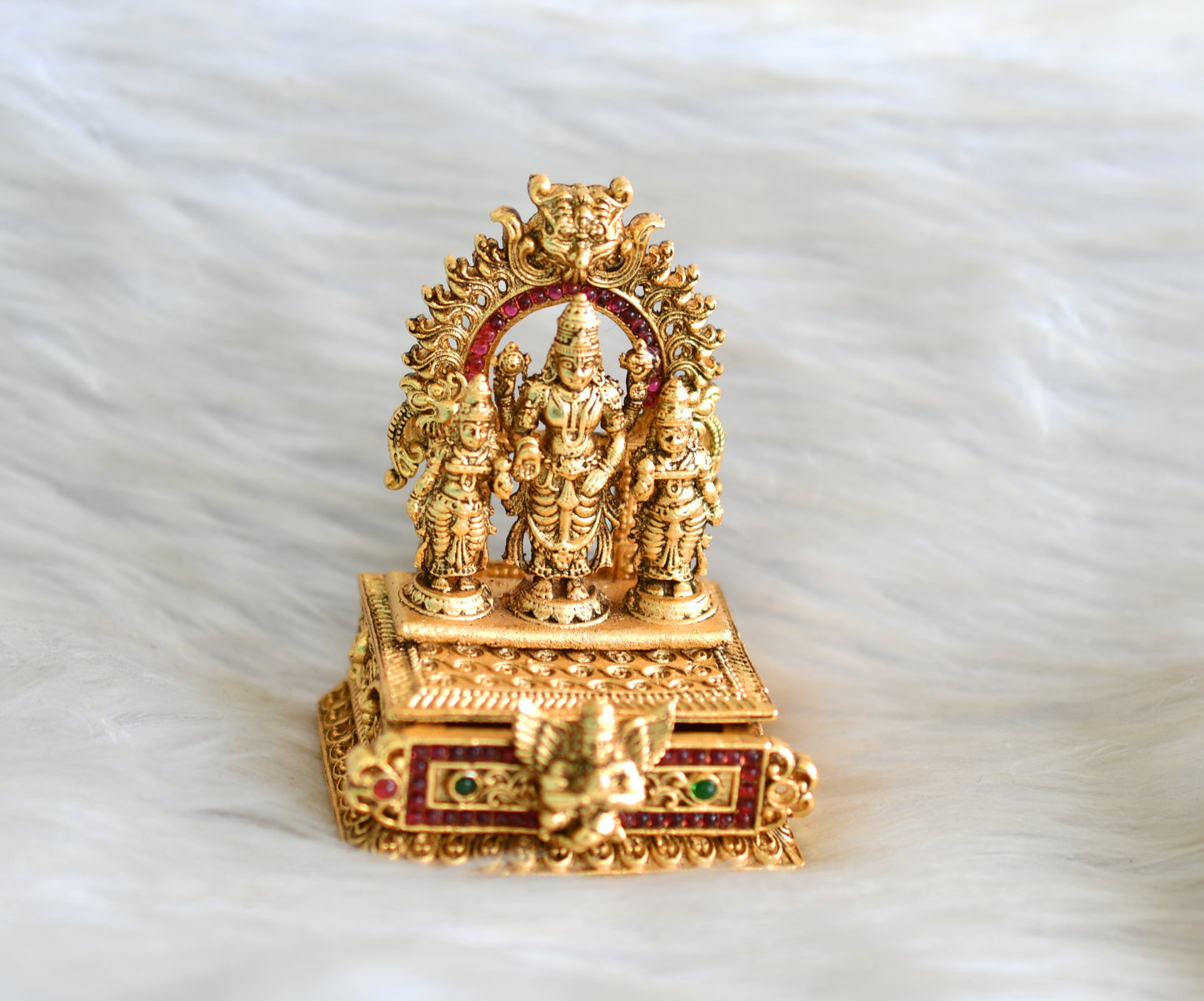 Antique gold tone Kemp-green Shri Venkateshwara kumkum box dj-42940