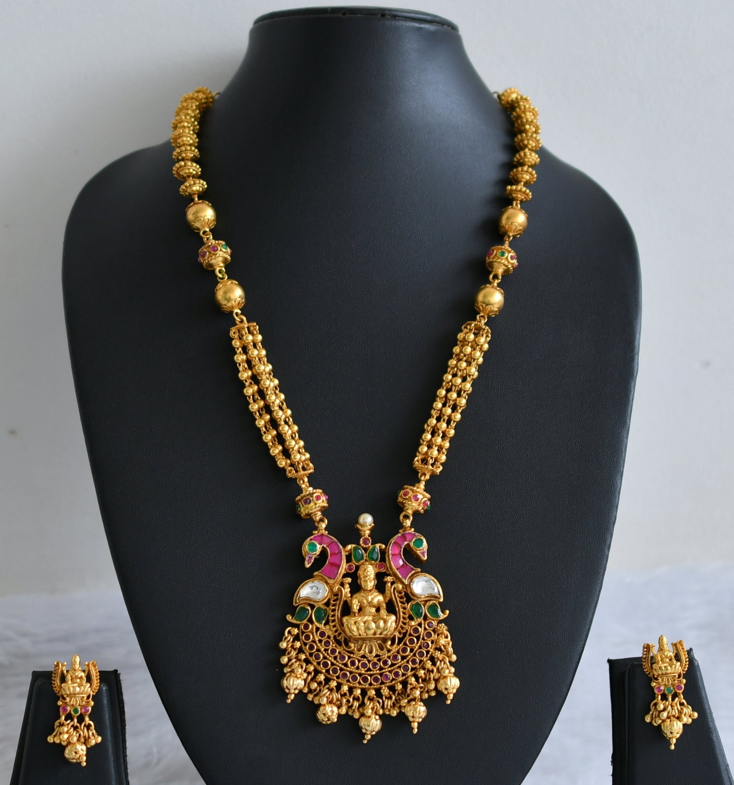 Matte finish pink-green-white kundan jadau lakshmi peacock haar set dj-47816