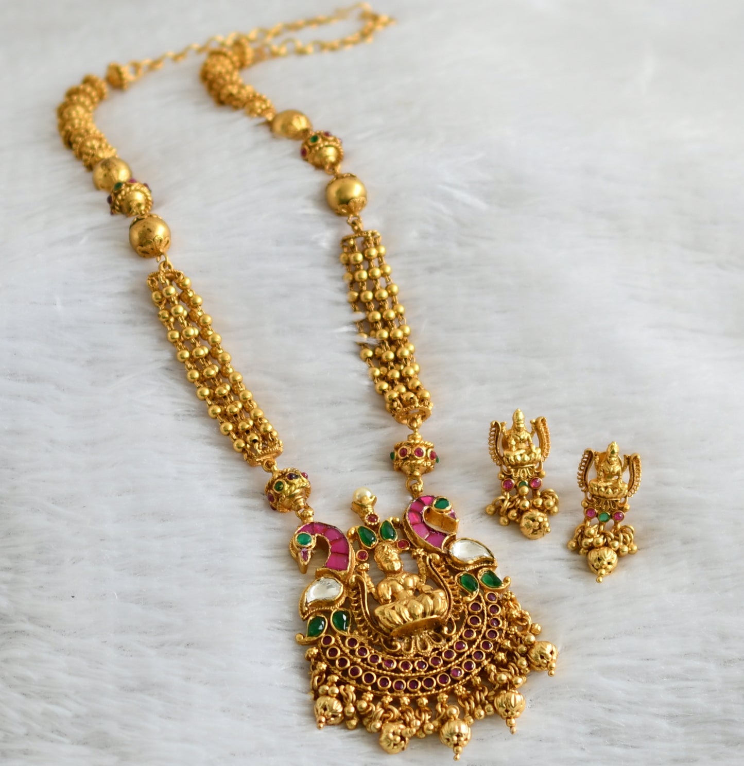 Matte finish pink-green-white kundan jadau lakshmi peacock haar set dj-47816