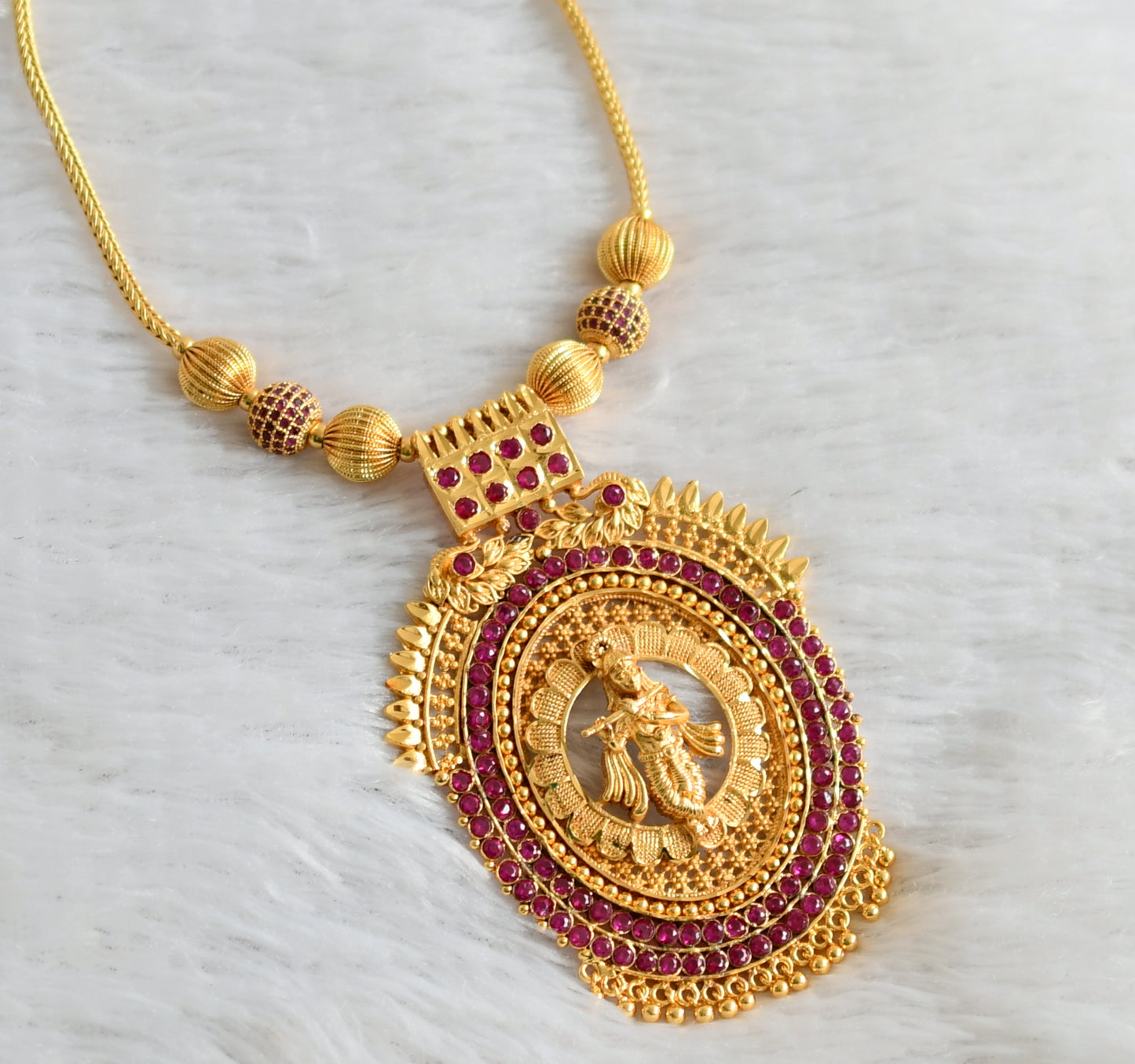 Gold tone kerala style ad pink stone krishna peacock kodi necklace dj-47839