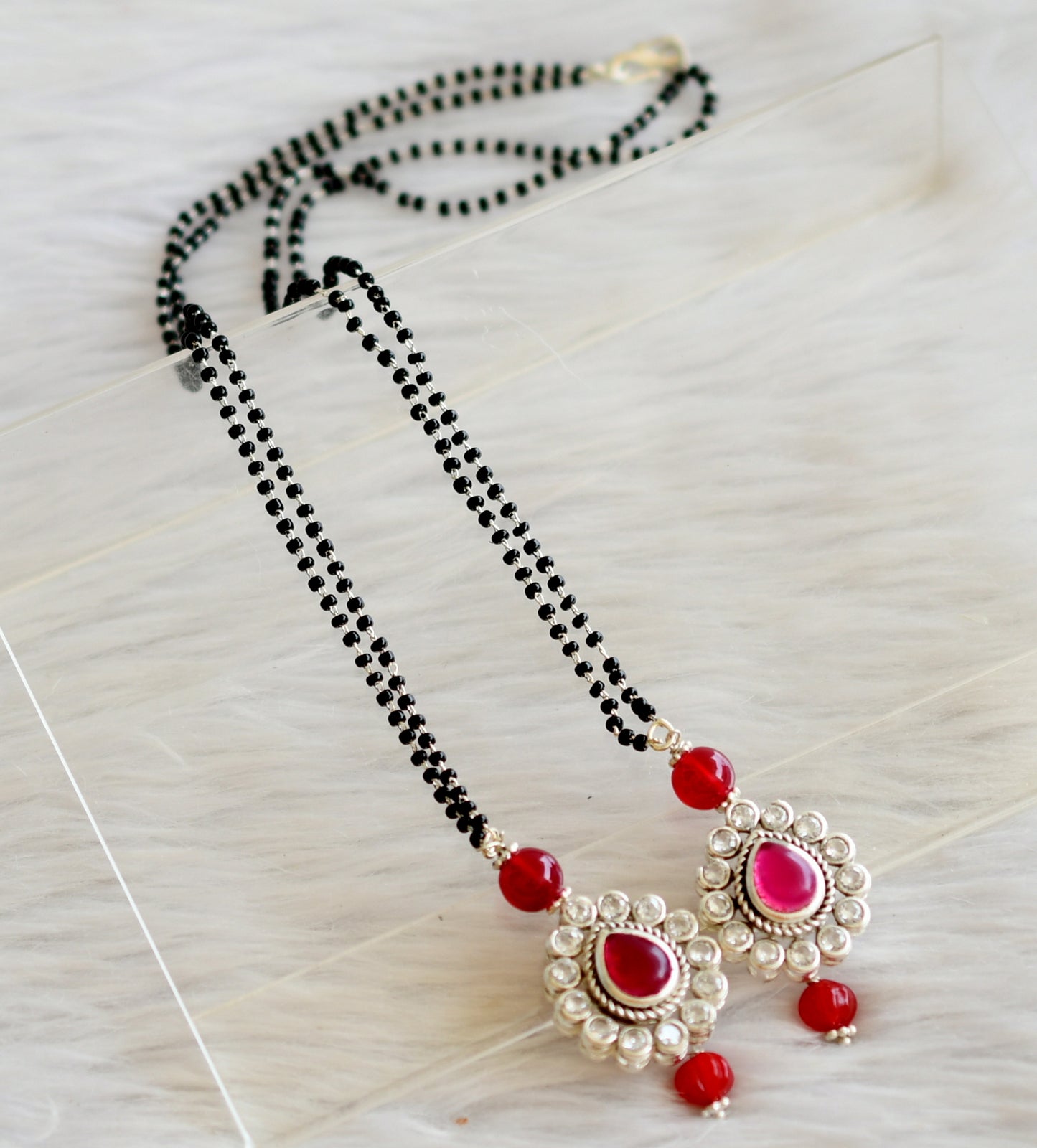 Silver tone pink-white mangalsutra dj-44418