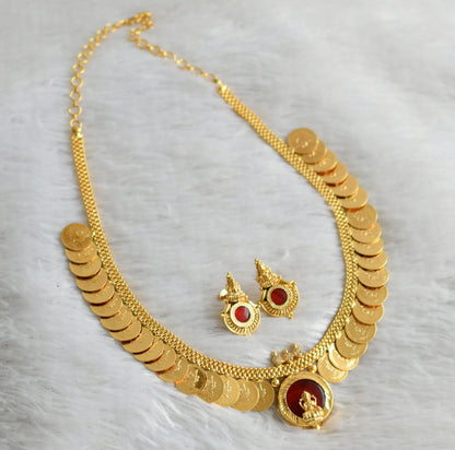 Gold tone kerala style red-white round lakshmi coin necklace set dj-47830