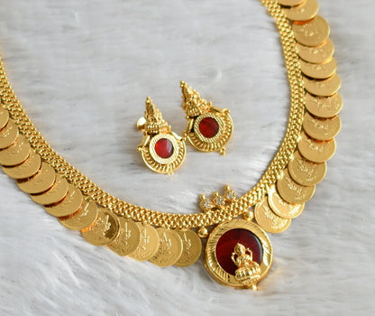 Gold tone kerala style red-white round lakshmi coin necklace set dj-47830