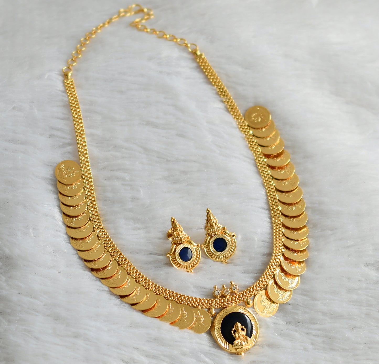 Gold tone kerala style blue-white round lakshmi coin necklace set dj-47831