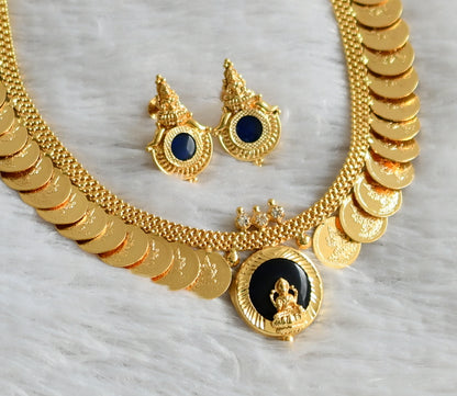 Gold tone kerala style blue-white round lakshmi coin necklace set dj-47831