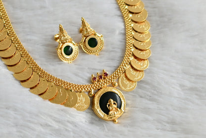 Gold tone kerala style pink-green round lakshmi coin necklace set dj-47829