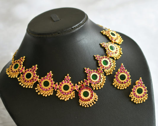 Gold tone kerala style ad pink-green round necklace set dj-46238