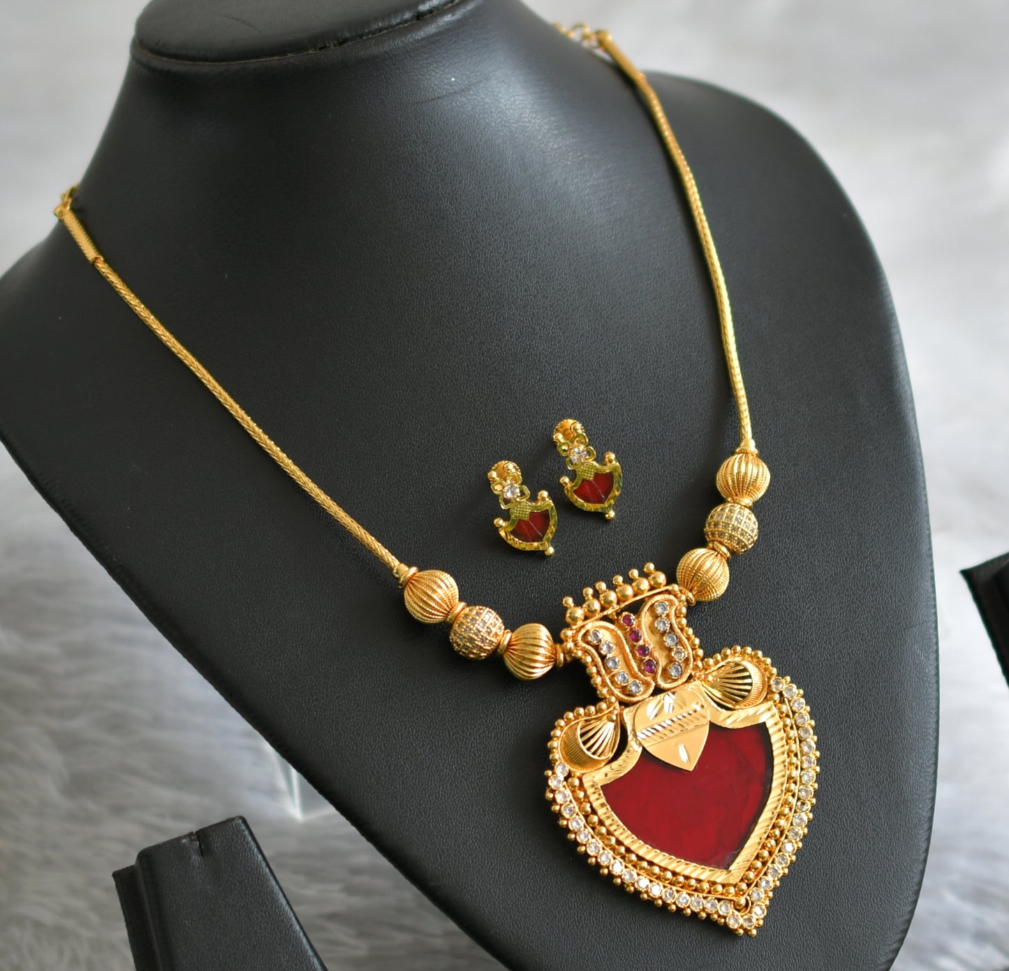 Gold tone white stone ball ad pink-red-white palakka kodi necklace set dj-47834