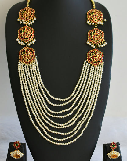 Gold tone kemp-green pearl multi layer peacock haar set dj-49758