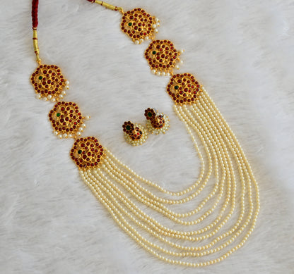 Gold tone kemp-green pearl multi layer peacock haar set dj-49758