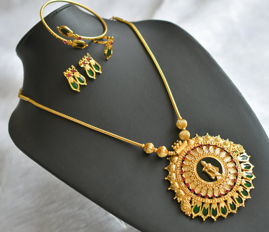 Gold tone pink-green kerala style nagapadam krishna combo necklace set dj-46239