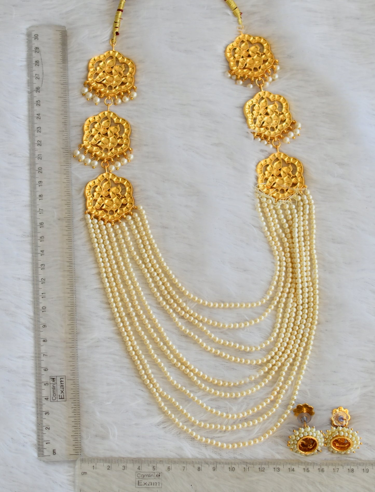 Gold tone kemp-green pearl multi layer peacock haar set dj-49758
