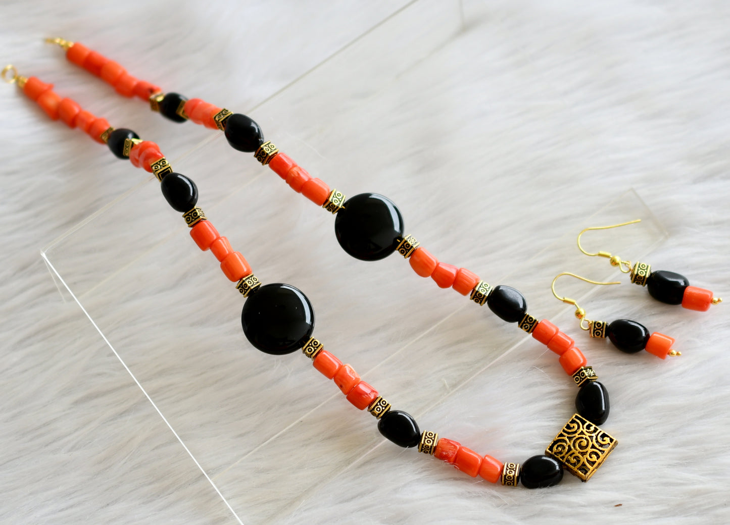 Antique black-orange beads hand made necklace set dj-44437