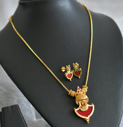 Gold tone kerala style red palakka peacock necklace set dj-47825