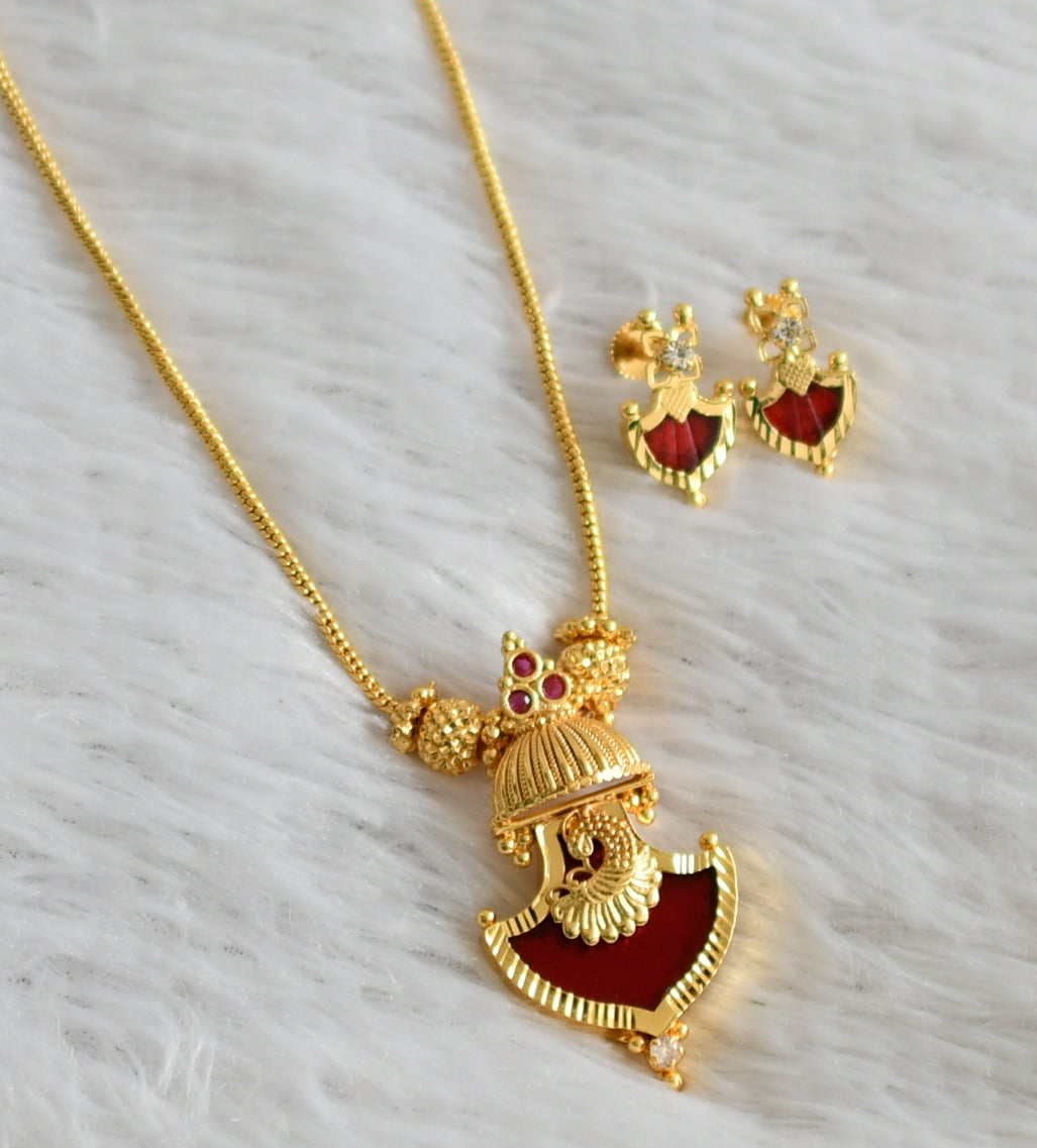 Gold tone kerala style red palakka peacock necklace set dj-47825