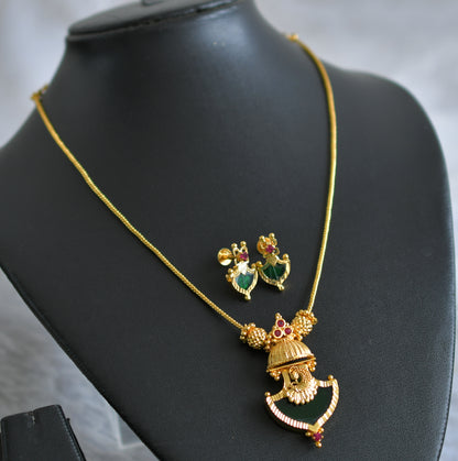 Gold tone kerala style pink-green palakka peacock necklace set dj-47823