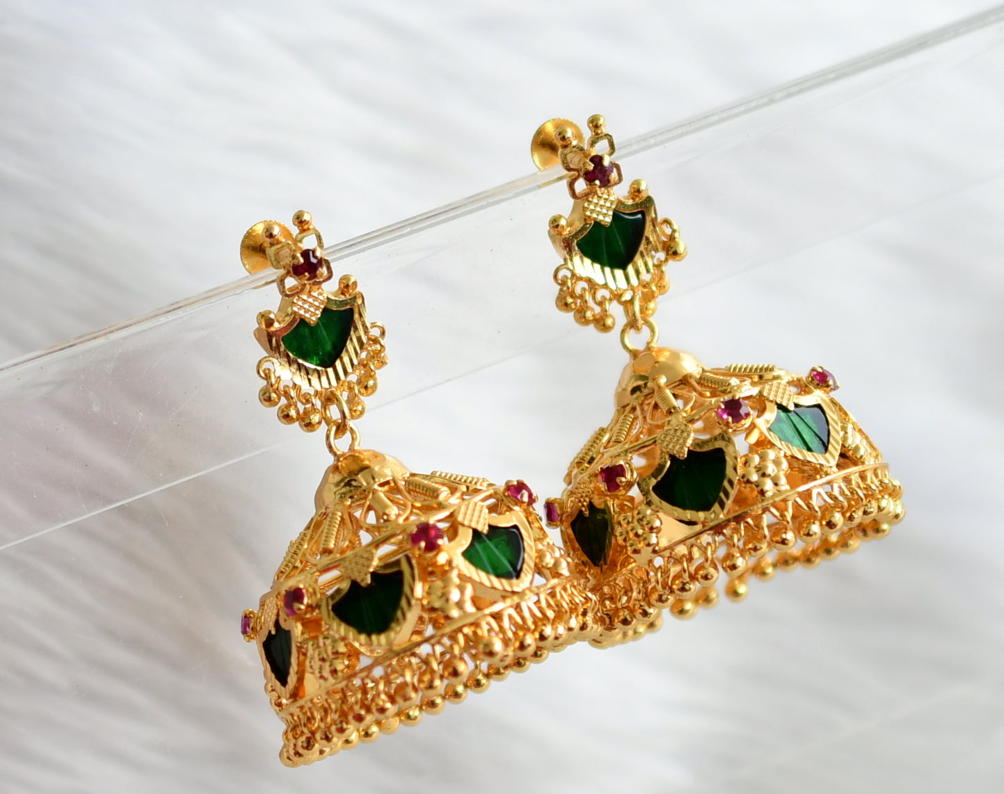 Gold tone pink-green palakka jhumkka dj-44444