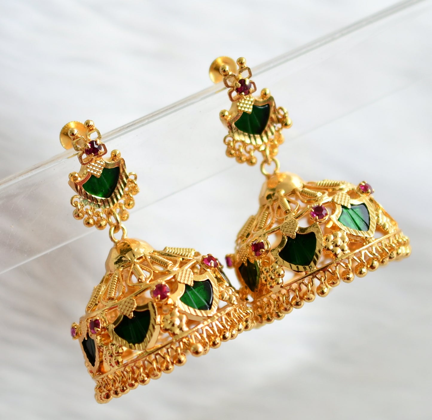 Gold tone pink-green palakka jhumkka dj-44444