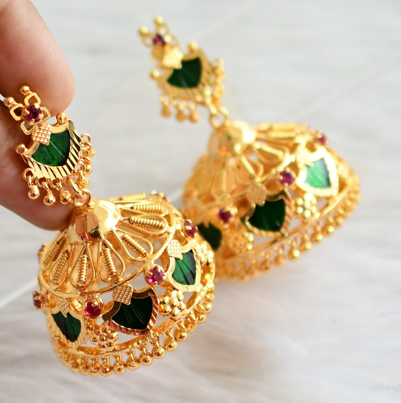 Gold tone pink-green palakka jhumkka dj-44444