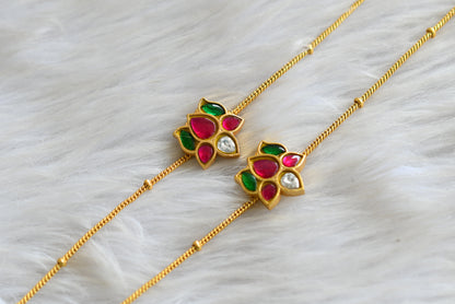 Gold tone pink-green-white lotus kundan jadau anklets dj-42967