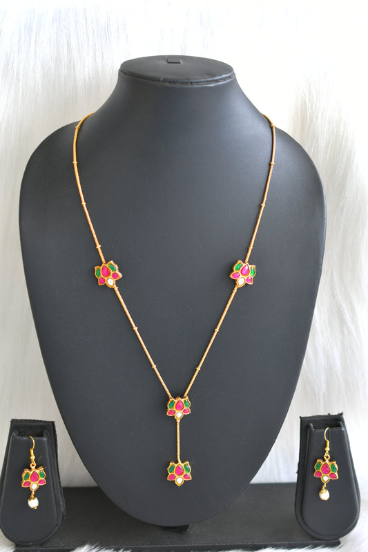Gold tone pink-green-white lotus kundan jadau necklace set dj-42968