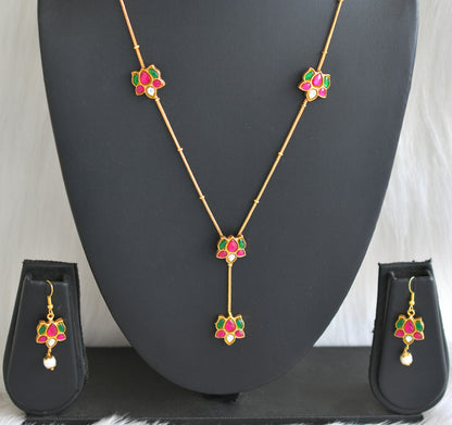 Gold tone pink-green-white lotus kundan jadau necklace set dj-42968