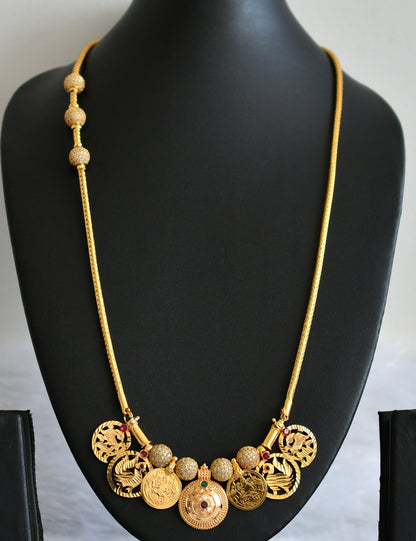 Gold tone 24 inches cz ball mugappu chain with cz ruby-green swan lakshmi coin mango flower bottu mangalyam dj-49776