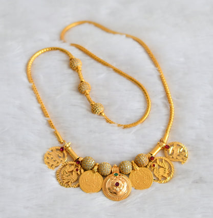 Gold tone 24 inches cz ball mugappu chain with cz ruby-green swan lakshmi coin mango flower bottu mangalyam dj-49776