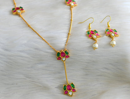 Gold tone pink-green-white lotus kundan jadau necklace set dj-42968