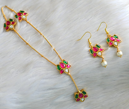 Gold tone pink-green-white lotus kundan jadau necklace set dj-42968