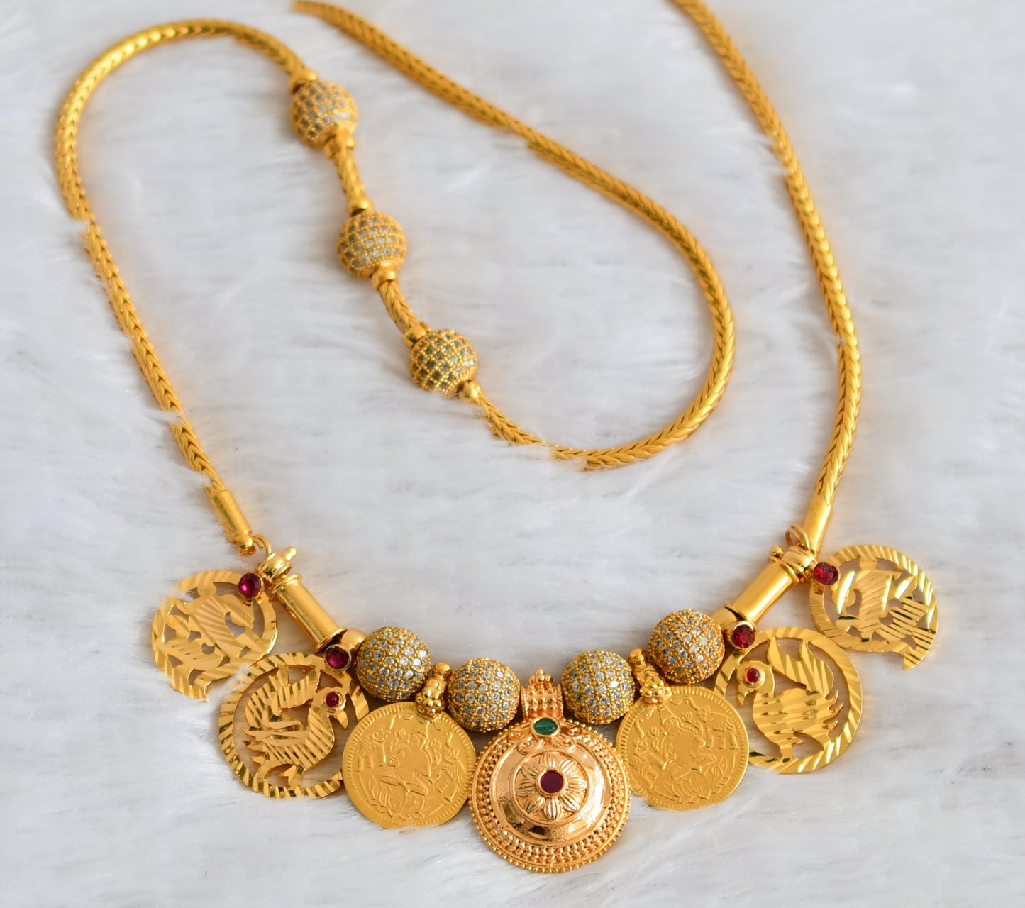 Gold tone 24 inches cz ball mugappu chain with cz ruby-green swan lakshmi coin mango flower bottu mangalyam dj-49776