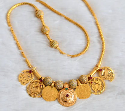 Gold tone 24 inches cz ball mugappu chain with cz ruby-green swan lakshmi coin mango flower bottu mangalyam dj-49776