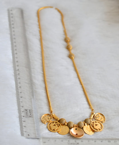 Gold tone 24 inches cz ball mugappu chain with cz ruby-green swan lakshmi coin mango flower bottu mangalyam dj-49776
