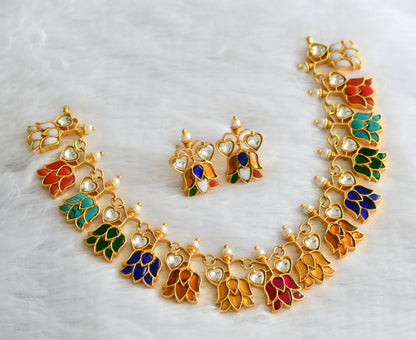 Gold tone navarathna kundan jadau lotus heart necklace set dj-46252