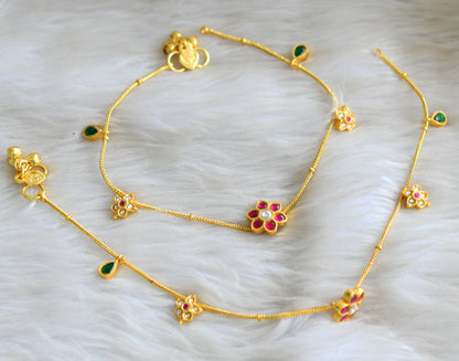 Gold tone pink-green-white flower kundan jadau anklets dj-42966