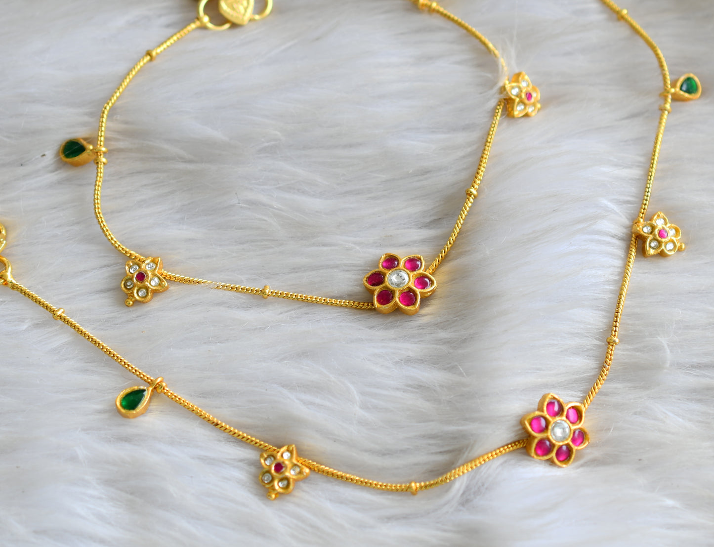 Gold tone pink-green-white flower kundan jadau anklets dj-42966