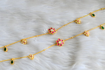 Gold tone pink-green-white flower kundan jadau anklets dj-42966