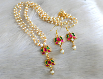 Gold tone pink-green-white kundan jadau lotus pendant with pearl chain set dj-42970