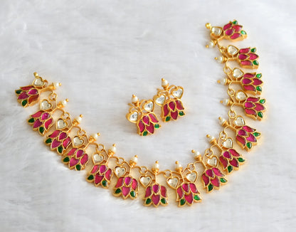 Gold tone pink-green-white pearl kundan jadau lotus heart necklace set dj-46251