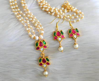 Gold tone pink-green-white kundan jadau lotus pendant with pearl chain set dj-42970