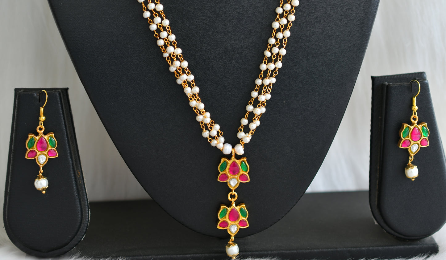 Gold tone pink-green-white kundan jadau lotus pendant with pearl chain set dj-42970