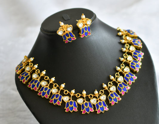 Gold tone pink-blue-white kundan jadau lotus heart necklace set dj-46253
