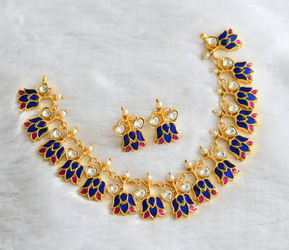 Gold tone pink-blue-white kundan jadau lotus heart necklace set dj-46253