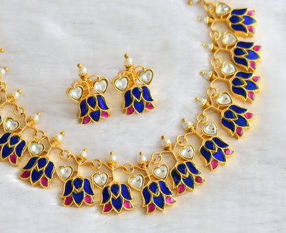 Gold tone pink-blue-white kundan jadau lotus heart necklace set dj-46253