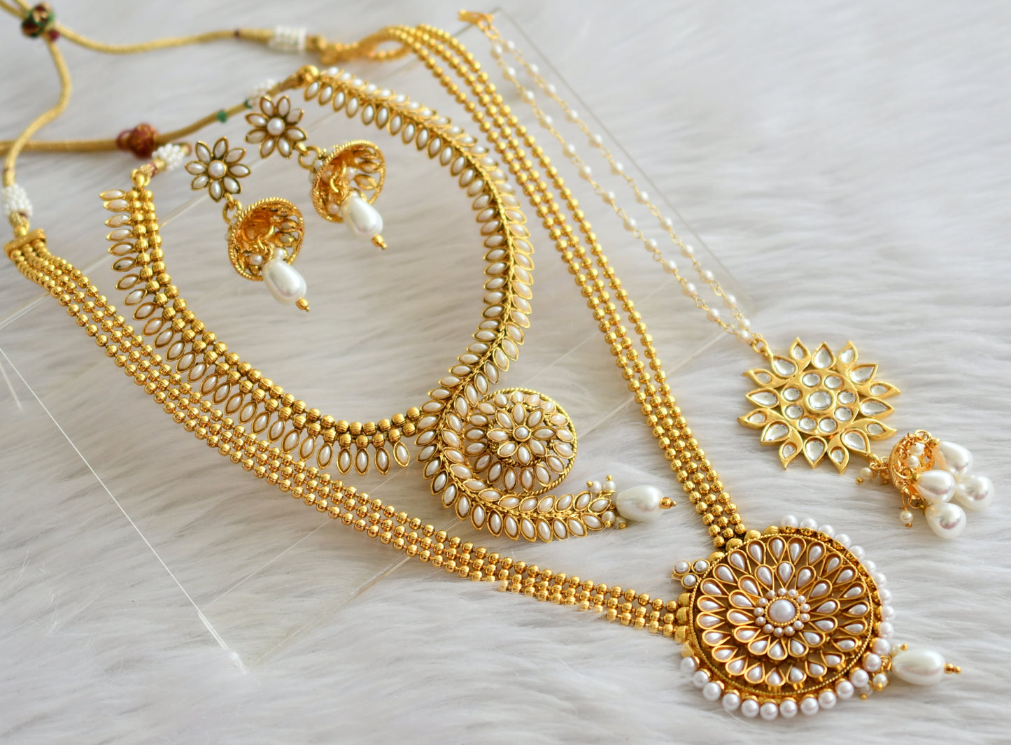 Antique gold tone pearl stone combo set dj-44462