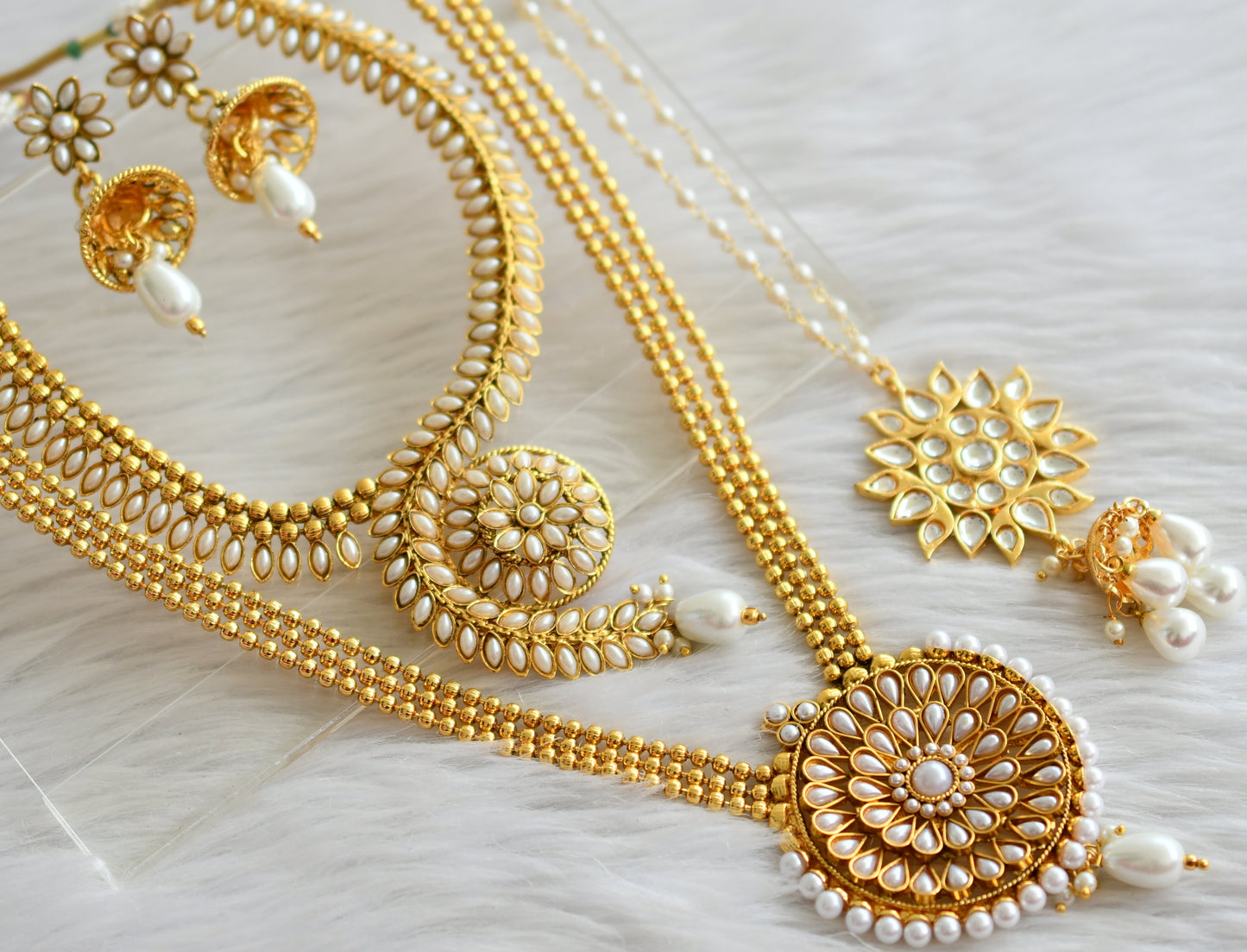 Antique gold tone pearl stone combo set dj-44462