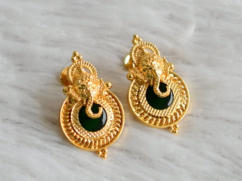 Gold tone kerala style green round ganesha earrings dj-47849