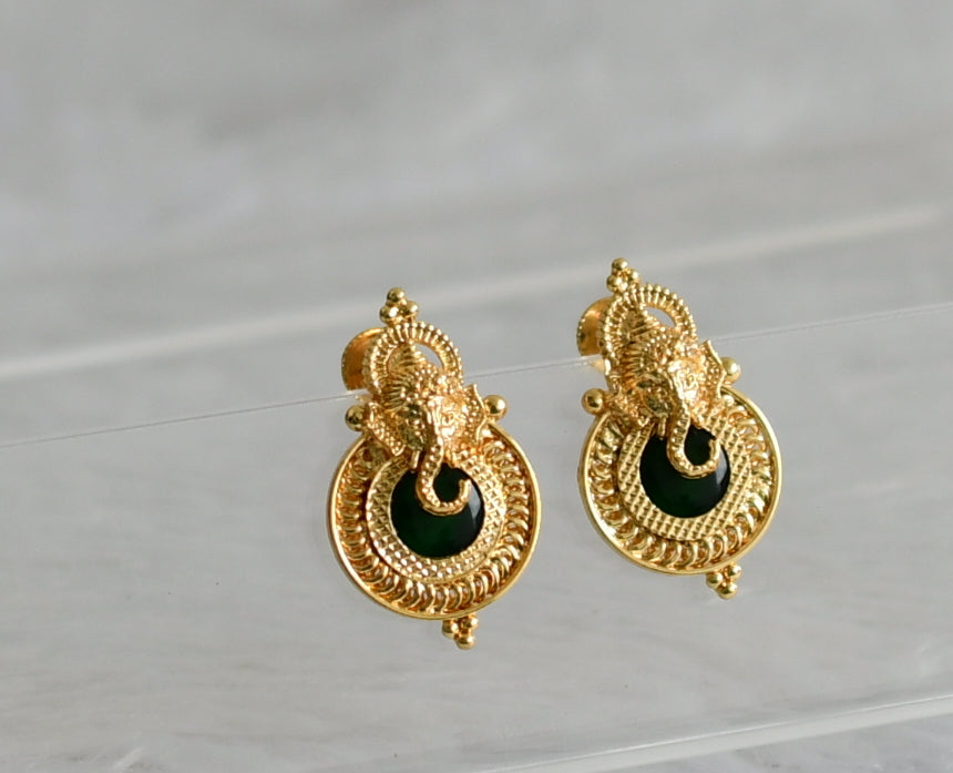 Gold tone kerala style green round ganesha earrings dj-47849